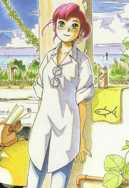 ashinano hitoshi, hatsuseno alpha, yokohama kaidashi kikou, vehicle, third-party edit, 1girl, ||/, alternate hair color, artistic error, backpack, bag, blush, can, canned coffee, cloud, day, drink can, eyewear hang, female focus, glasses, green eyes, ivy, motor vehicle, ocean, outdoors, oversized clothes, pink hair, scooter, sky, solo, unworn backpack, unworn bag, unworn eyewear
