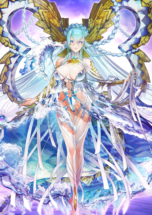 yamanaka kotetsu, tiamat (fate), fate/grand order, fate (series), game cg, official art, third-party source, 1girl, absurdly long hair, aqua hair, aqua nails, braid, breasts, breasts apart, crossed bangs, curled horns, dragon girl, dragon tail, expressionless, feet out of frame, fingernails, groin, hair between eyes, hands up, highleg, highleg one-piece swimsuit, horns, hydrokinesis, large breasts, large horns, long hair, long sidelocks, looking at viewer, navel, one-piece swimsuit, parted lips, pink eyes, plunging neckline, pointy ears, purple background, sharp fingernails, sidelocks, solo, strapless, strapless one-piece swimsuit, swimsuit, symbol-shaped pupils, tail, tiamat (swimsuit archer) (third ascension) (fate), very long hair, water, white one-piece swimsuit, x-shaped pupils