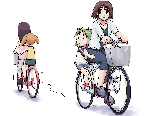 emoncake., ayase fuuka, kasuga ayumu, koiwai yotsuba, mihama chiyo, azumanga daiou, yotsubato!, lowres, 4girls, bicycle, child, creator connection, crossover, multiple girls, multiple riders, quad tails, riding, short twintails, simple background, thick eyebrows, twintails, white background, | |