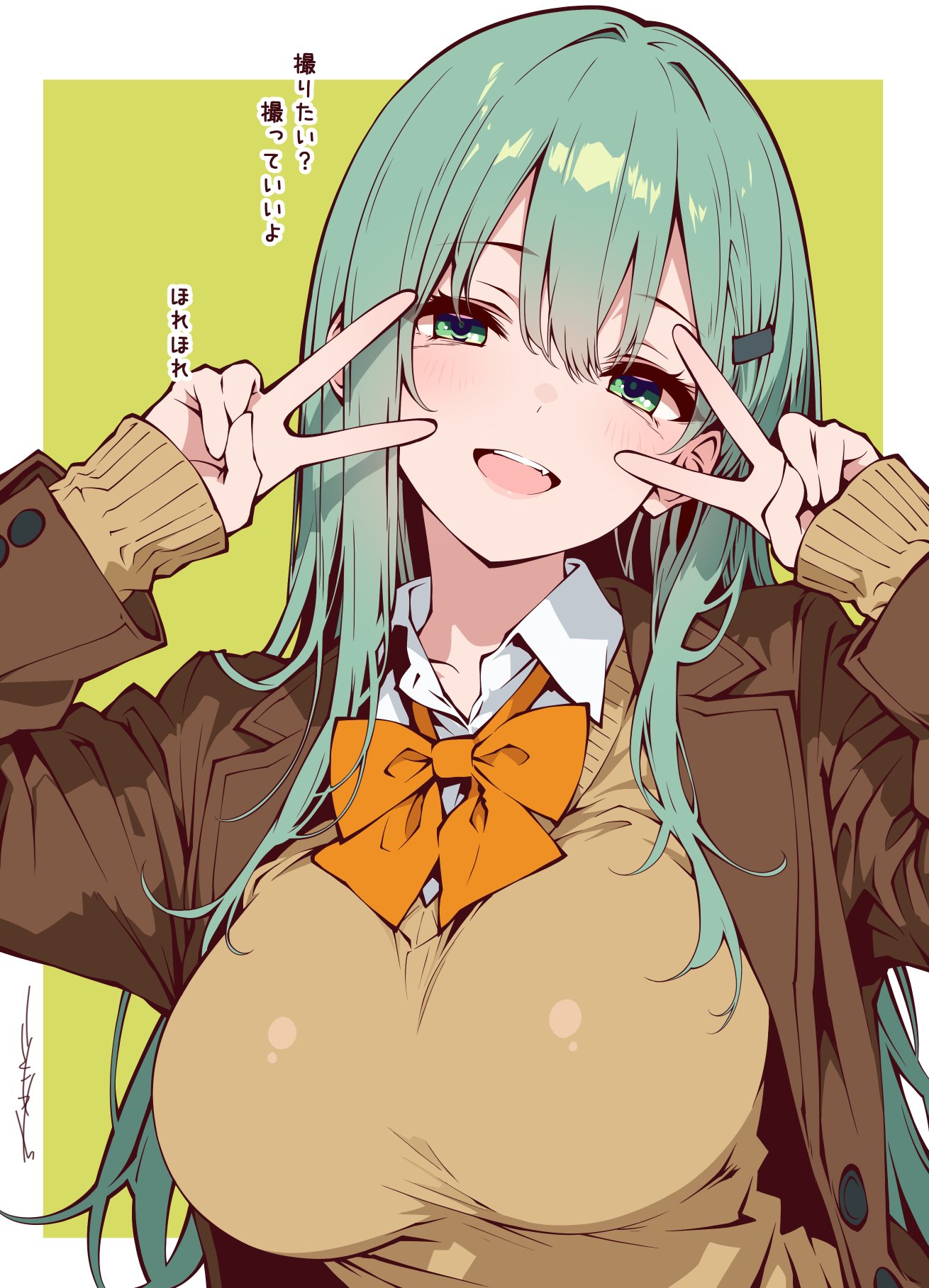 sakakiba misogi, suzuya (kancolle), kantai collection, commentary request, highres, translation request, 1girl, blush, bow, bowtie, breasts, brown jacket, brown sweater vest, collared shirt, double v, green eyes, green hair, hair ornament, hairclip, jacket, large breasts, long hair, long sleeves, looking at viewer, open clothes, open jacket, open mouth, orange bow, orange bowtie, school uniform, shirt, signature, simple background, solo, sweater vest, upper body, v, v over eye, white shirt