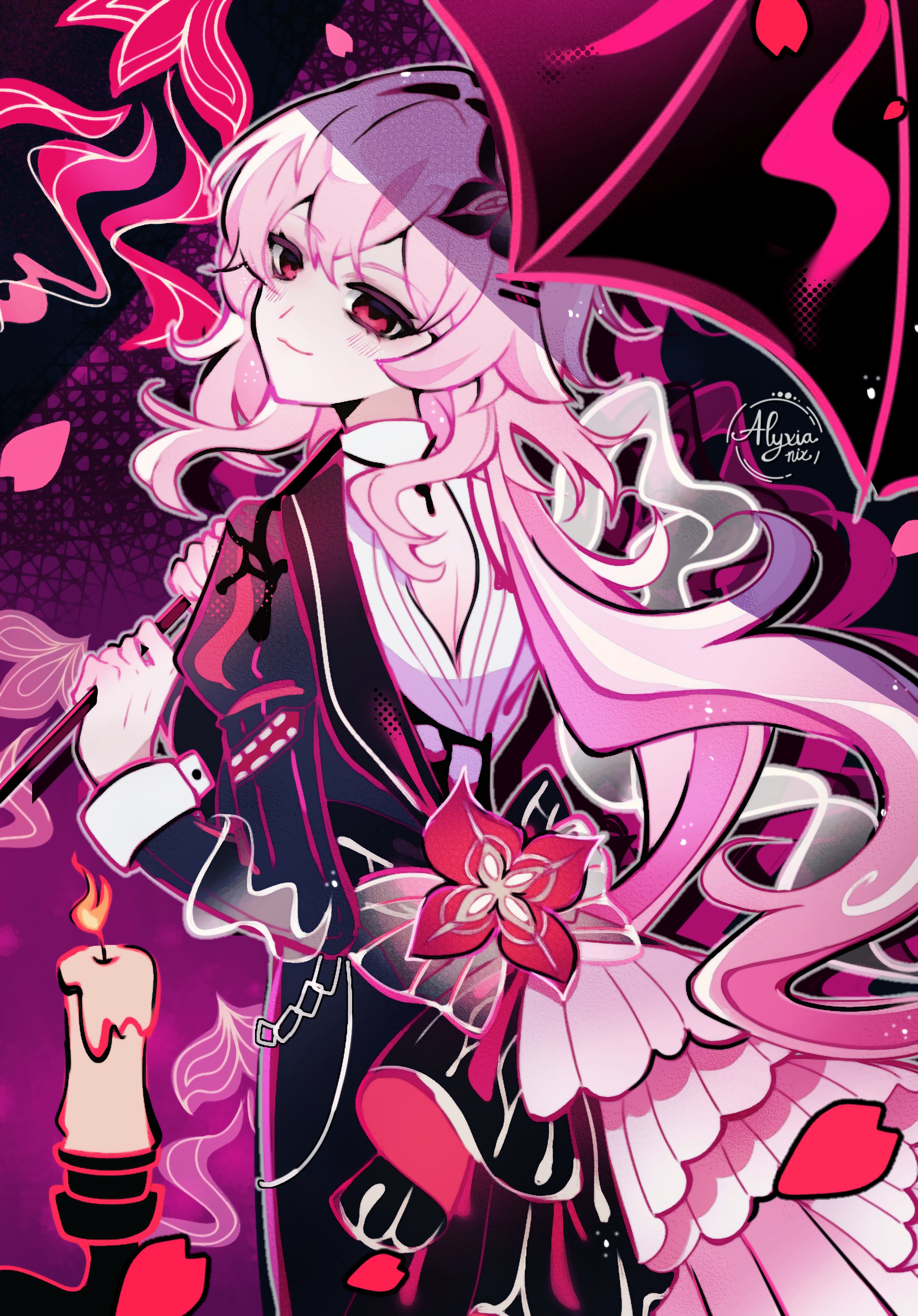 lyxia, evernight (honkai: star rail), march 7th (honkai: star rail), honkai: star rail, honkai (series), absurdres, commentary, english commentary, highres, 1girl, artist logo, back cutout, black dress, black flower, candle, candlestand, clothing cutout, dress, flower, frilled dress, frills, hair between eyes, hair ornament, hairclip, holding, holding umbrella, layered dress, light smile, logo, long hair, looking at viewer, low twintails, parallel hairclips, pink hair, red eyes, solo, twintails, umbrella, white dress, white wrist cuffs, wrist cuffs