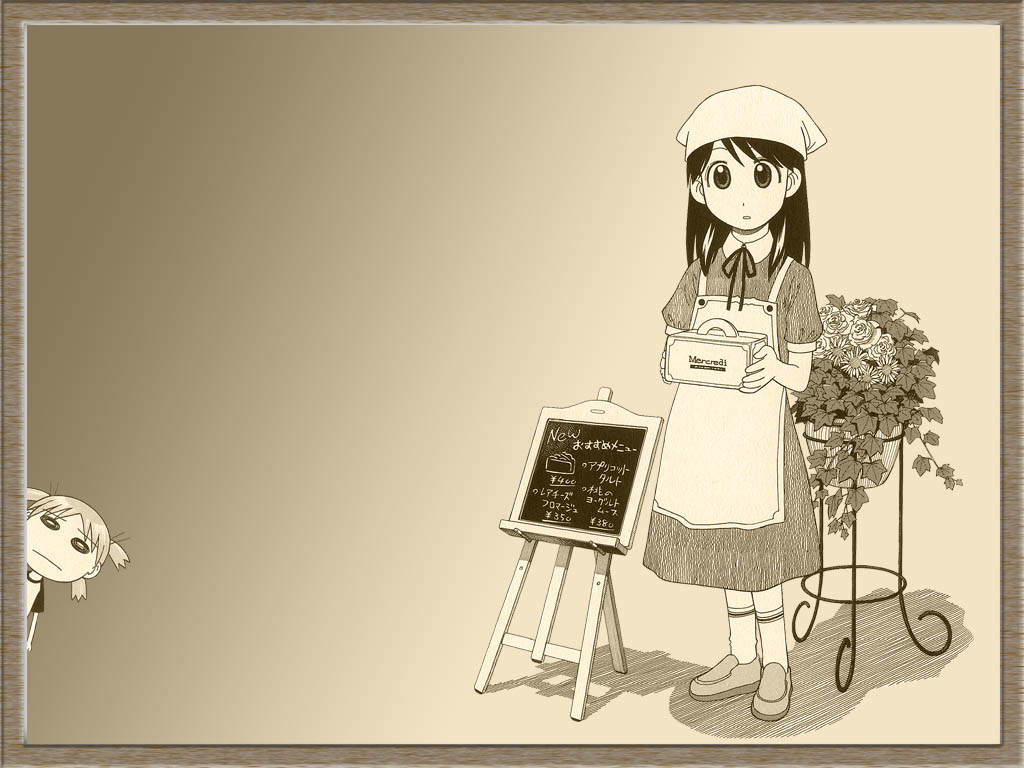 ayase ena, koiwai yotsuba, yotsubato!, 2girls, :o, apron, border, bow, bowtie, cash register, chalkboard, collar, dress, easel, flower, flower pot, full body, headscarf, holding, kneehighs, leaf, monochrome, multiple girls, neck ribbon, parted lips, peeking out, plant, potted plant, ribbon, shoes, short hair, short sleeves, sign, simple background, socks