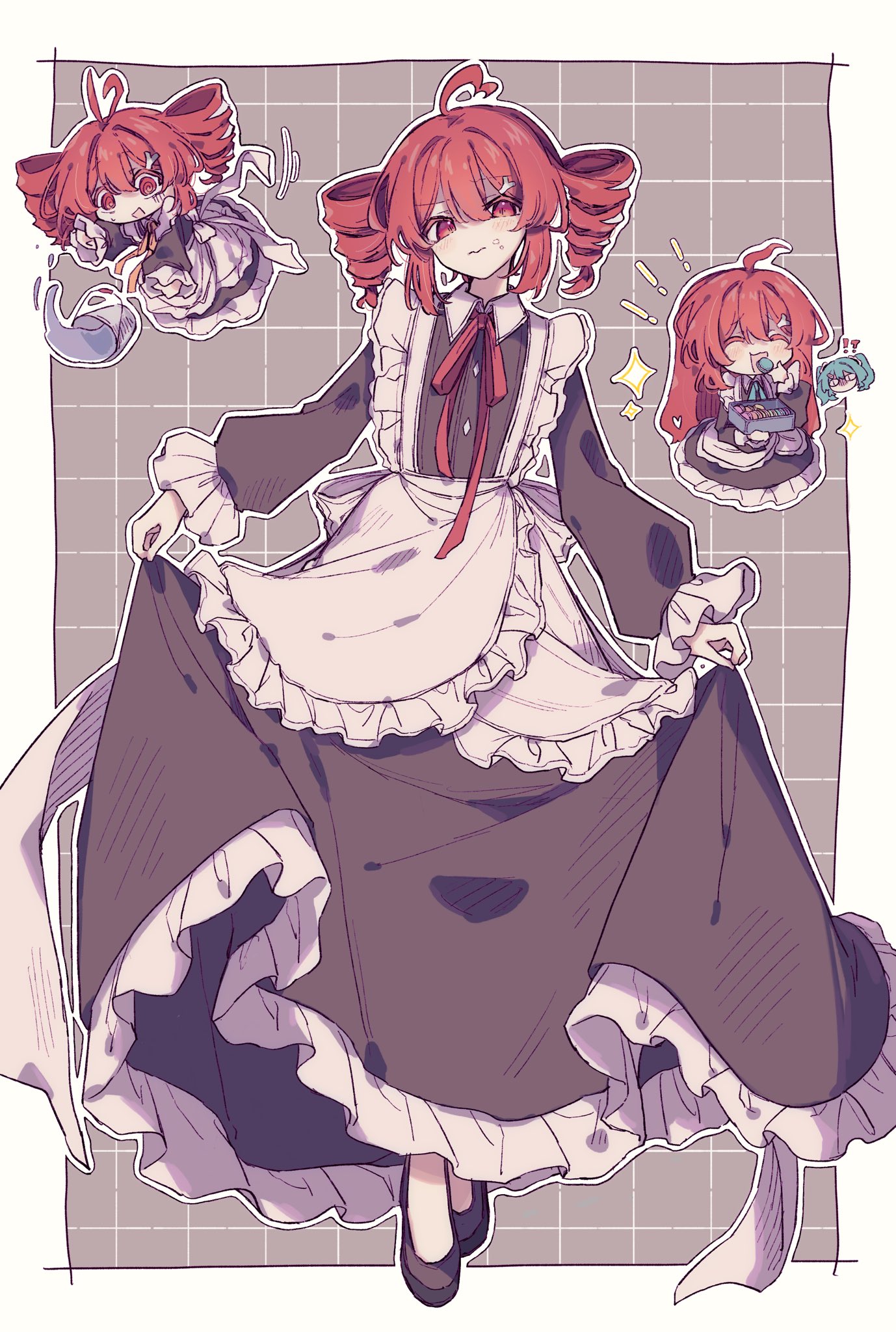 hatsune miku, kasane teto, utau, vocaloid, highres, !, !?, 2girls, 3:, @ @, ahoge, alternate costume, alternate hairstyle, apron, black dress, black shoes, box, bucket, bucket of water, checkered background, chibi, clothes lift, cream, cream on face, dress, drill hair, eating, food, food on face, frilled apron, frilled dress, frills, green hair, hair ornament, hairclip, holding, holding box, looking at viewer, macaron, maid, maid apron, multiple girls, okura 0915, puffy sleeves, red eyes, red hair, shoes, simple background, skirt, skirt lift, slit pupils, solo focus, sparkle, tripping, twin drills, white apron