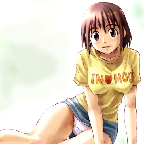haruyama kazunori, ayase fuuka, yotsubato!, lowres, 1girl, arm support, blush, bob cut, breasts, brown eyes, brown hair, clothes lift, clothes writing, covered erect nipples, denim, denim skirt, female focus, hip focus, large breasts, lying, miniskirt, no bra, on side, panties, pencil skirt, shirt, short hair, skirt, skirt lift, solo, t-shirt, thick eyebrows, thigh gap, thighs, underwear, white panties, wide hips
