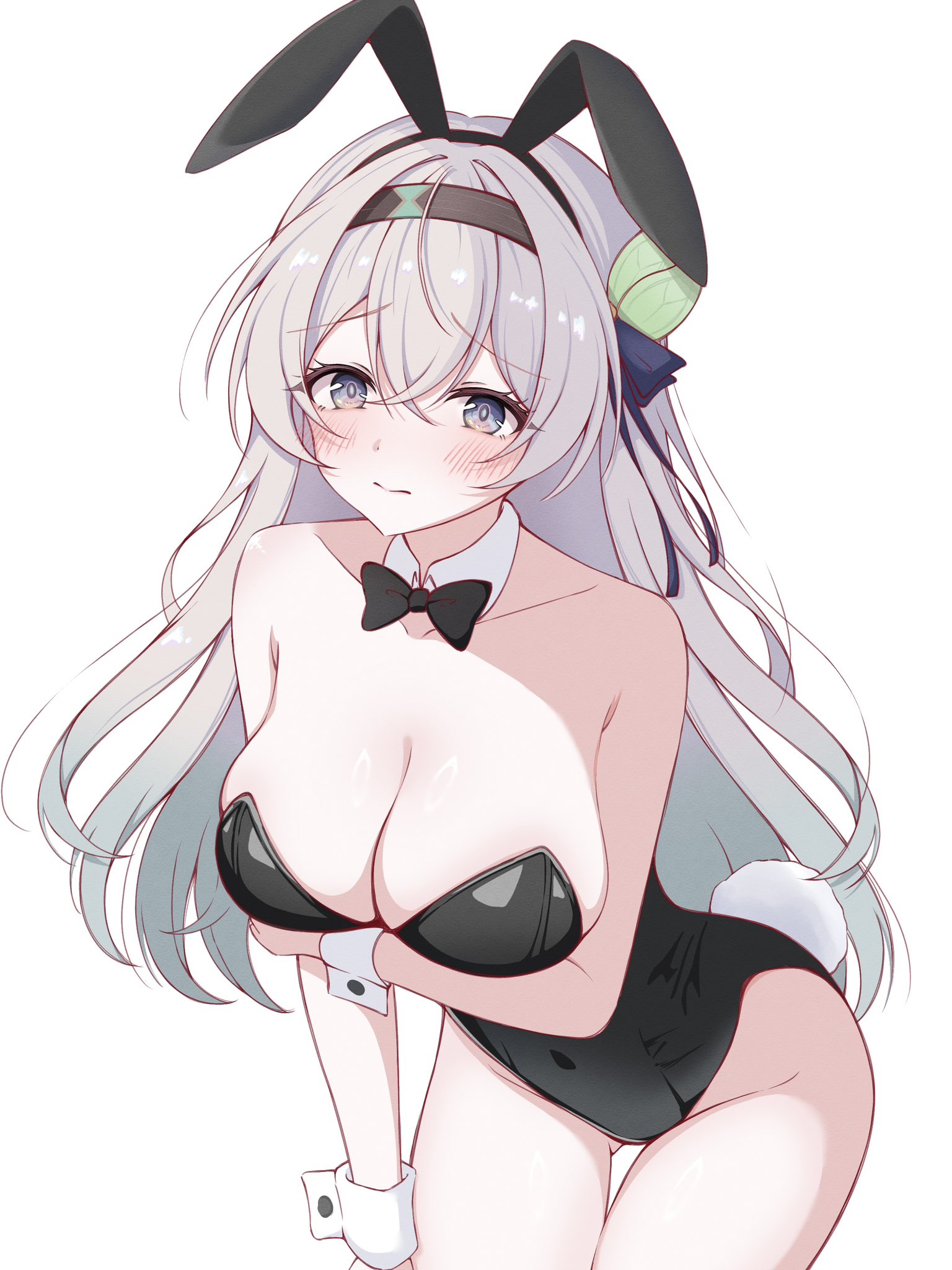 nami 1899, firefly (honkai: star rail), honkai: star rail, honkai (series), highres, 1girl, alternate costume, animal ear hairband, animal ears, arm under breasts, bare shoulders, black hairband, black leotard, black necktie, breasts, bunny day, cleavage, collar, collarbone, covered navel, crossed bangs, detached collar, fake animal ears, fake tail, grey eyes, grey hair, hairband, large breasts, leaning back, leotard, long hair, looking at viewer, necktie, playboy bunny, rabbit ears, simple background, solo, strapless, strapless leotard, tail, white background, white collar, white wrist cuffs, wrist cuffs