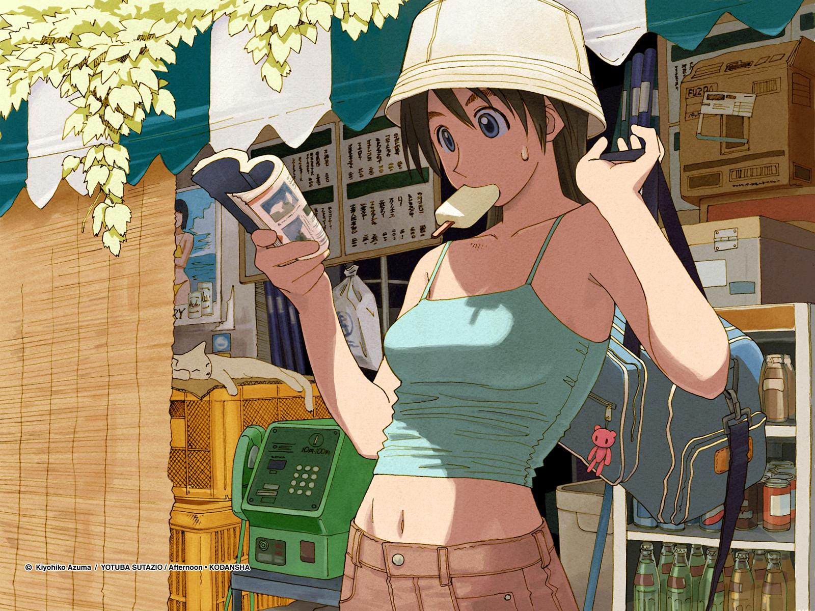 azuma kiyohiko, afternoon (magazine), yotsubato!, wallpaper, highres, bag, bare shoulders, book, bottle, brown hair, bucket hat, can, cat, hat, midriff, payphone, phone, popsicle, reading, sweat
