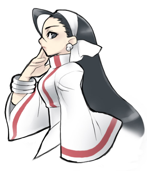 kagura chizuru, snk, the king of fighters, 1girl, ahoge, black eyes, black hair, bracelet, earrings, female focus, hair slicked back, hairband, jewelry, long hair, simple background, solo, white background