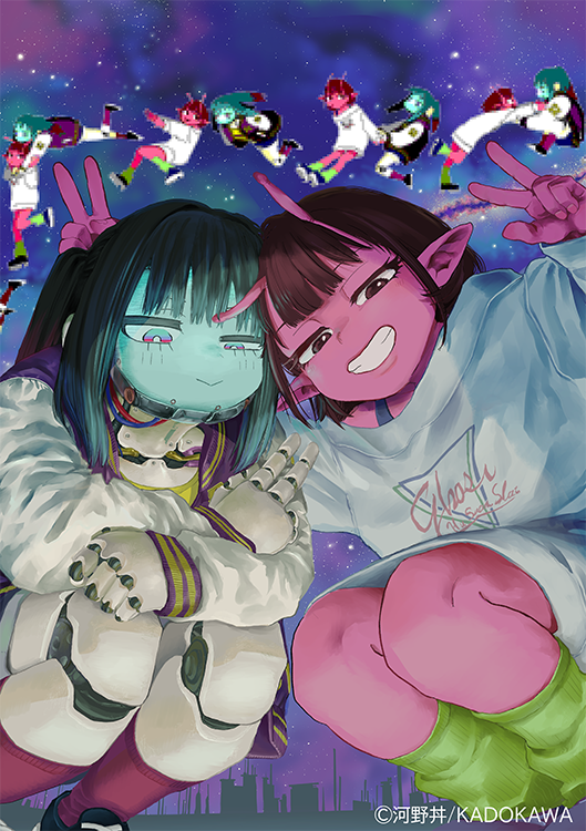 kujo chiharu, kadokawa, milky galactic universe, milky subway, artist request, commentary request, official art, second-party source, 2girls, :>, alien, android, ankle socks, antennae, black bra, black hair, black socks, blunt bangs, blush, bra, brown eyes, cable, city, clenched teeth, closed mouth, collared jacket, colored eyelashes, colored skin, company name, copyright name, crew neck, double horizontal stripe, double v, face filter, fingernails, floating, green eyes, green socks, hair intakes, horizontal-striped clothes, horizontal-striped sleeve cuffs, hug, hug from behind, jacket, kurusu makina (milky galactic universe), letterman jacket, long pointy ears, long sleeves, loose socks, lower eyelashes only, lowered eyelids, mechanical hands, mechanical head, mechanical legs, mechanical neck, medium hair, multicolored eyes, multiple girls, no humans, outdoors, oversized sweater, pink eyes, pink skin, pixel art inset, pointy ears, ponytail, print sweater, puffy long sleeves, puffy sleeves, purple jacket, purple sleeve cuffs, purple socks, ribbed socks, salute, science fiction, shirt, shoes, short hair, sidelocks, single bare shoulder, sky, smile, sneakers, socks, space, squatting, star (sky), starry sky, starry sky background, striped sleeves, sweater, teeth, text print, triangle print, tube socks, two-finger salute, two-tone eyes, underwear, v, v over head, white sleeves, white sweater, yellow shirt, yellow sleeve cuffs