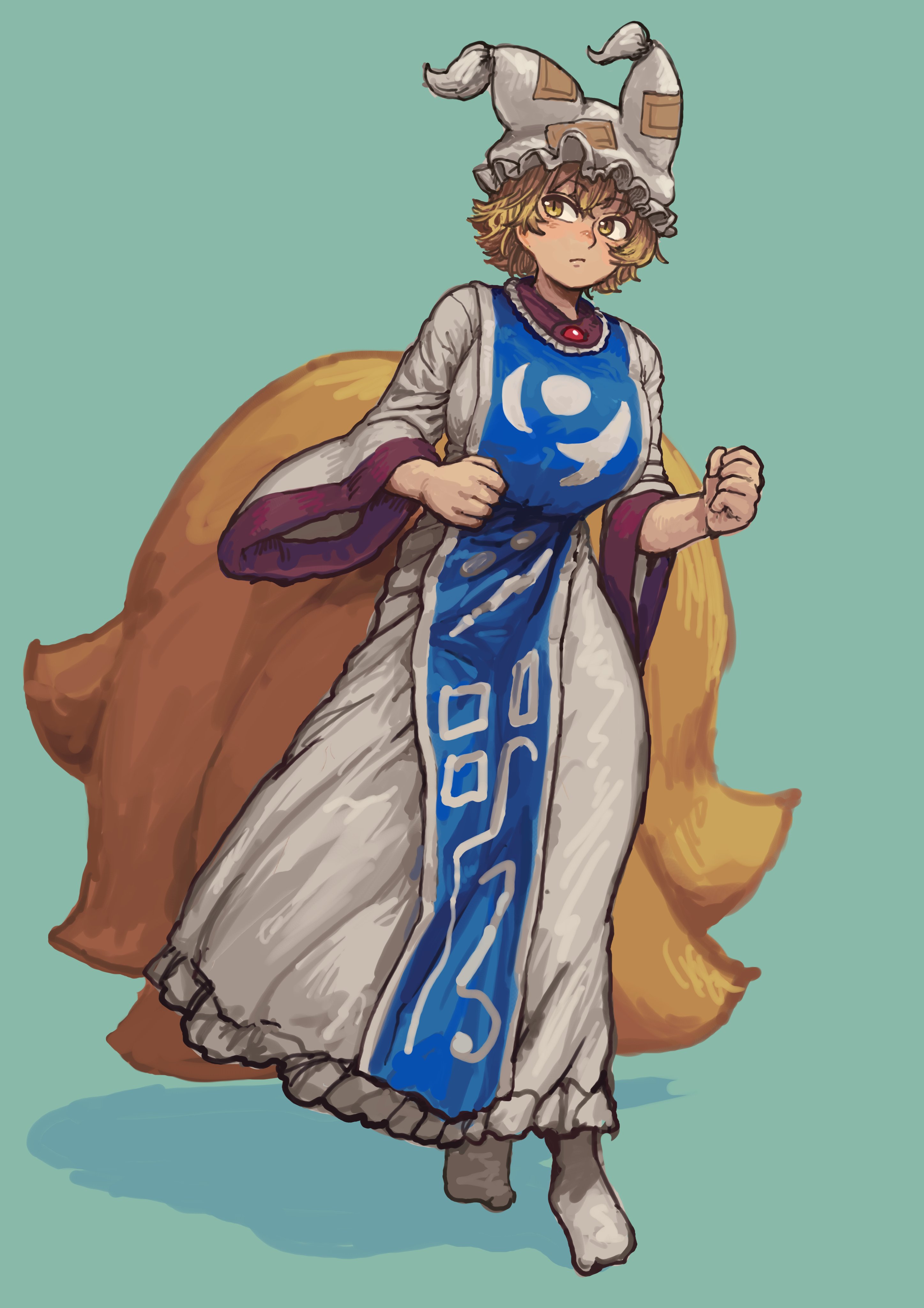 chanta (ayatakaoisii), yakumo ran, touhou, absurdres, highres, 1girl, blonde hair, blue background, blue tabard, breasts, clenched hands, closed mouth, dress, expressionless, fox tail, frills, full body, hands up, hat, huge breasts, kitsune, leaning to the side, light blush, looking to the side, mob cap, multiple tails, shadow, short hair, simple background, slit pupils, socks, solo, standing, tabard, tail, tassel, three-quarter sleeves, white dress, white hat, wide sleeves, yellow eyes