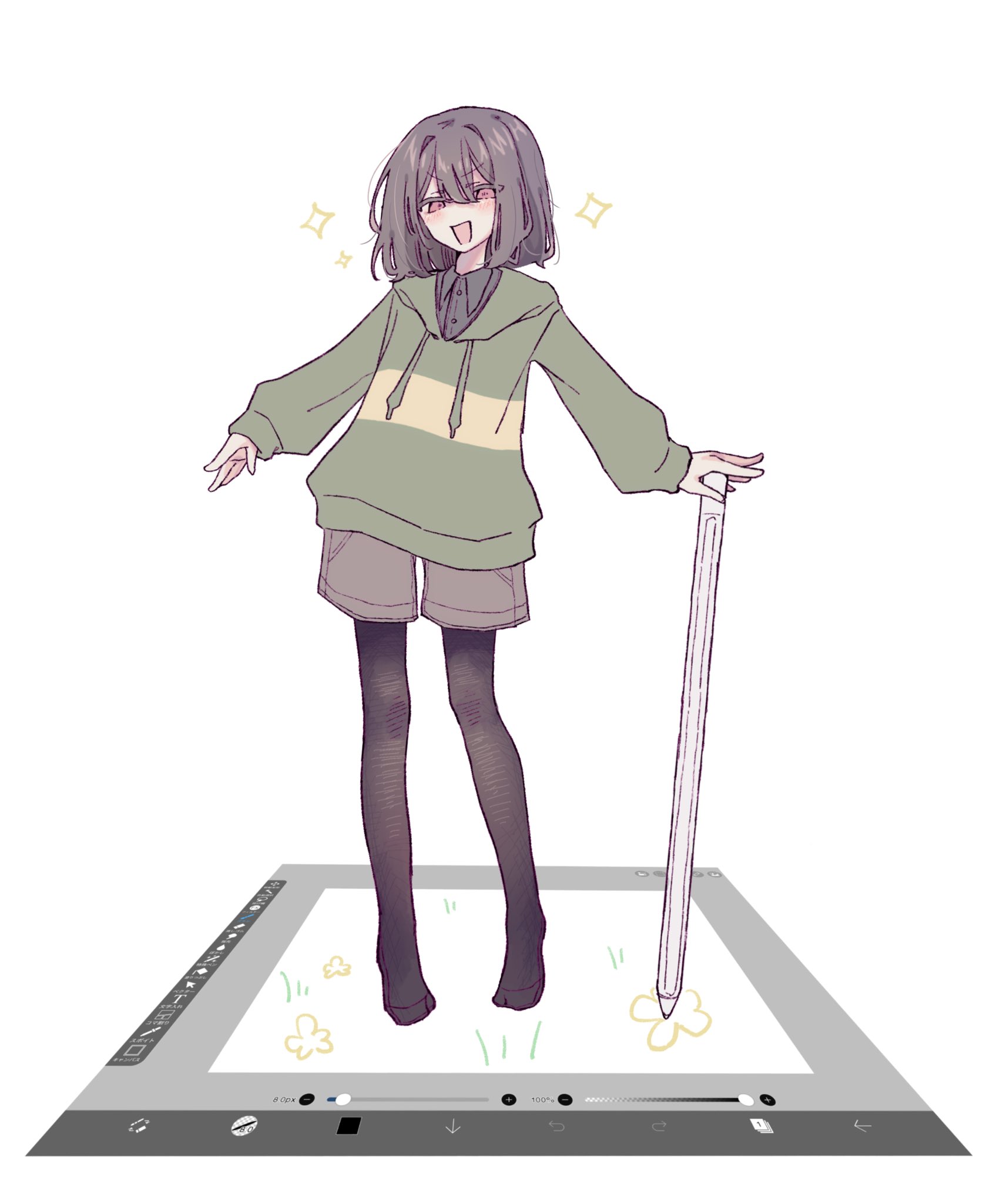 chara (undertale), undertale, utdr (toby fox), highres, 1other, androgynous, black pantyhose, brown hair, brown shorts, green hoodie, holding, holding stylus, hood, hoodie, looking at viewer, no shoes, okura 0915, open mouth, pantyhose, red eyes, shorts, simple background, sleeves past wrists, solo, striped clothes, striped hoodie, stylus, two-tone hoodie, user interface, white background