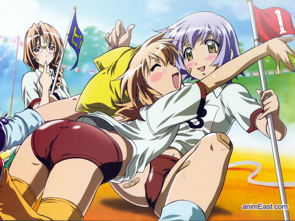 horii kumi, mone, neneko, senjou nanase, megami magazine, yumeria, white legwear, official art, official wallpaper, 00s, 3girls, animal hat, ass, bandaid, bandaid on face, blouse, blush, braid, brown eyes, brown hair, buruma, closed eyes, fang, finger to mouth, flag, flags of all nations, flat chest, glasses, green eyes, gym uniform, happy, hat, hug, multiple girls, name tag, numbered flag, purple hair, shirt, short hair, single braid, socks, string of flags, thighhighs, watermark, white shirt, yellow hat