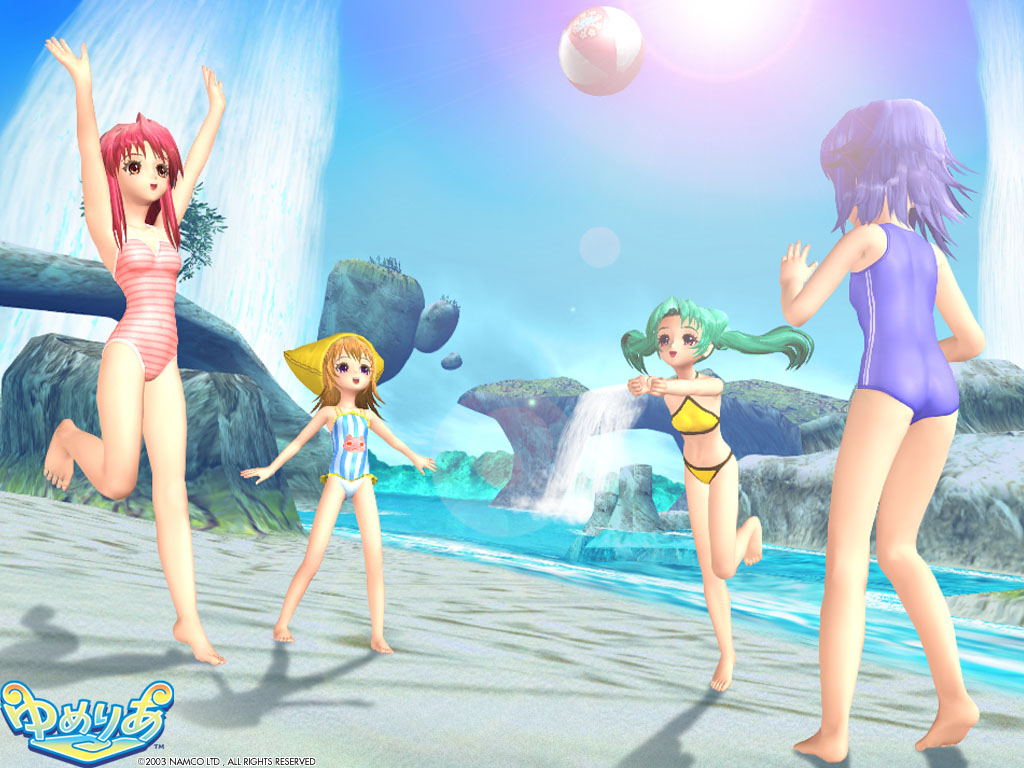 agatsuma mizuki, mone, neneko, senjou kuyou, yumeria, official art, official wallpaper, 00s, 3d, 4girls, ball, barefoot, beach, beachball, bikini, blue hair, casual one-piece swimsuit, day, everyone, feet, green hair, halterneck, multiple girls, one-piece swimsuit, orange hair, outdoors, pink hair, playing games, school swimsuit, short hair, soles, stream, sun, swimsuit, toes, twintails, volleyball, volleyball (object), water, waterfall