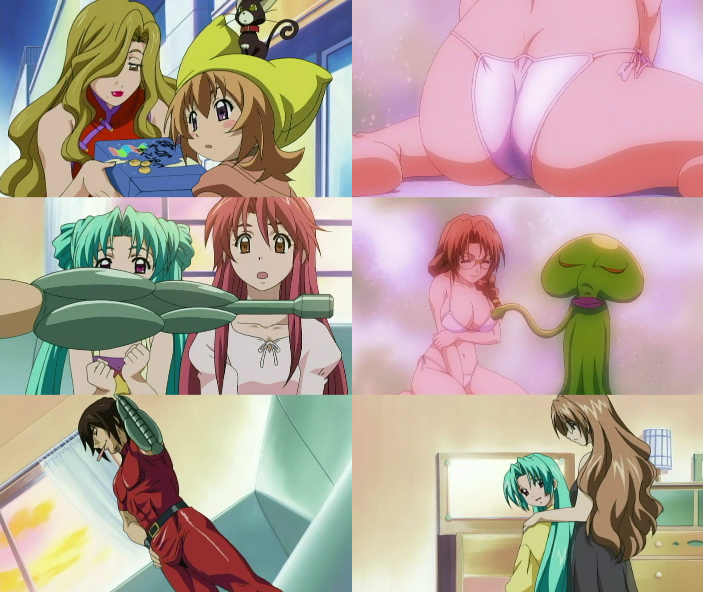agatsuma mizuki, cobra (space adventure cobra), koneko (yumeria), mikuri tomokazu, neneko, psychogun, senjou kuyou, senjou nanase, space adventure cobra, yumeria, anime screenshot, character request, 1boy, 6+girls, alien, animal hat, arm cannon, ass, belt, bikini, black belt, bodysuit, breasts, brown hair, cat, china dress, chinese clothes, cigar, cleavage, cobra (cosplay), cosplay, dress, hat, large breasts, lipstick, makeup, multiple girls, muscular, red bodysuit, side-tie bikini bottom, sitting, skin tight, swimsuit, tentacles, wariza, weapon