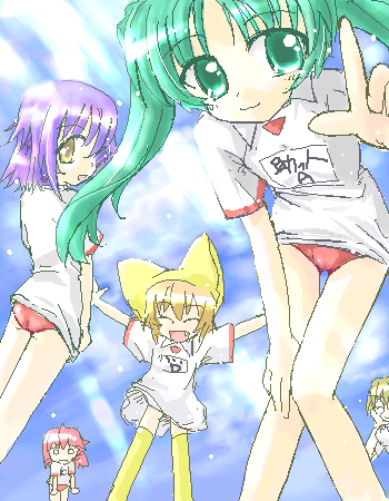 kujou, agatsuma mizuki, mone, neneko, senjou kuyou, senjou nanase, yumeria, lowres, 00s, 5girls, animal hat, blue hair, buruma, fang, green eyes, green hair, gym uniform, hat, multiple girls, oekaki, twintails, yellow eyes
