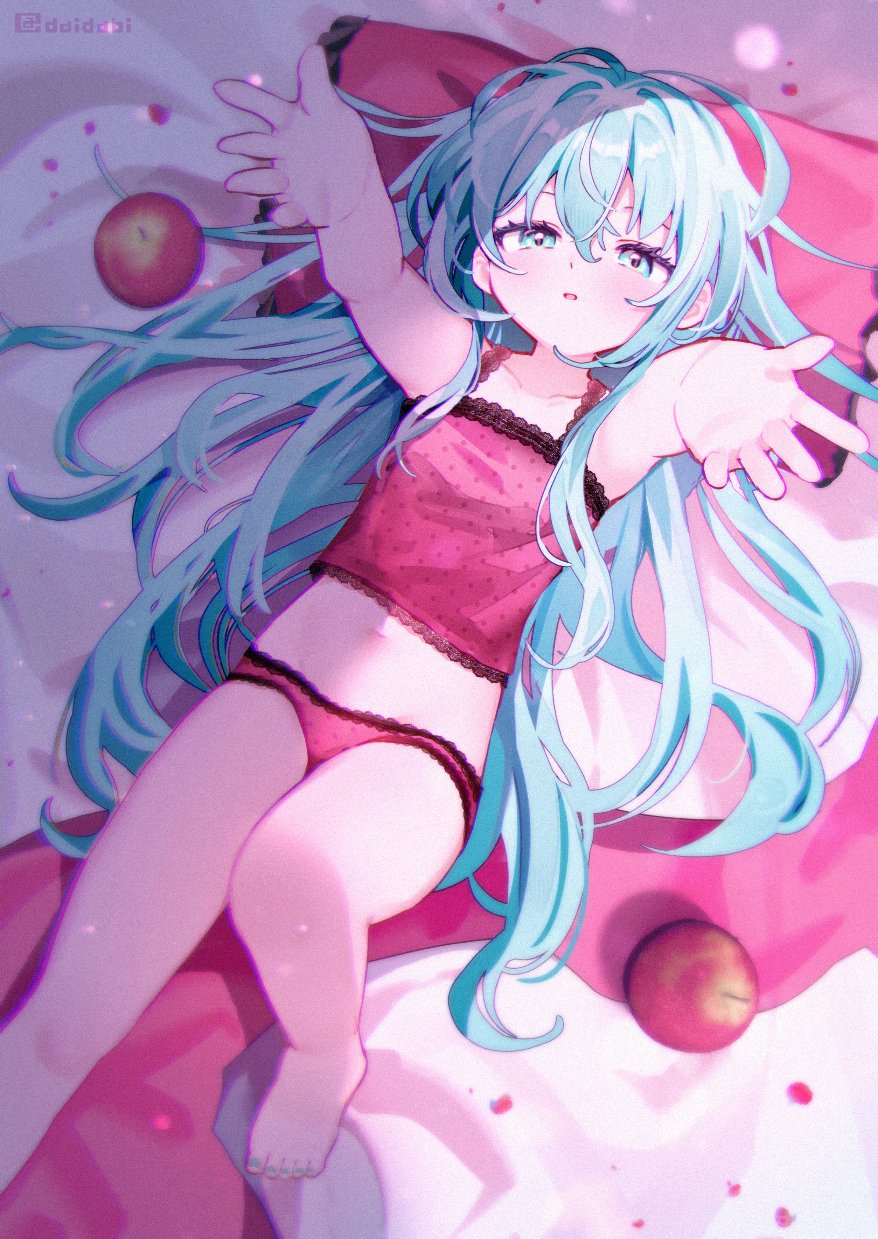 d omm, hatsune miku, romeo to cinderella (vocaloid), vocaloid, highres, 1girl, aqua eyes, aqua hair, bare shoulders, black lace trim, blue eyes, blue hair, camisole, frills, lace-trimmed camisole, lace trim, long hair, looking at viewer, lying, navel, open mouth, panties, pink camisole, polka dot camisole, solo, underwear, very long hair
