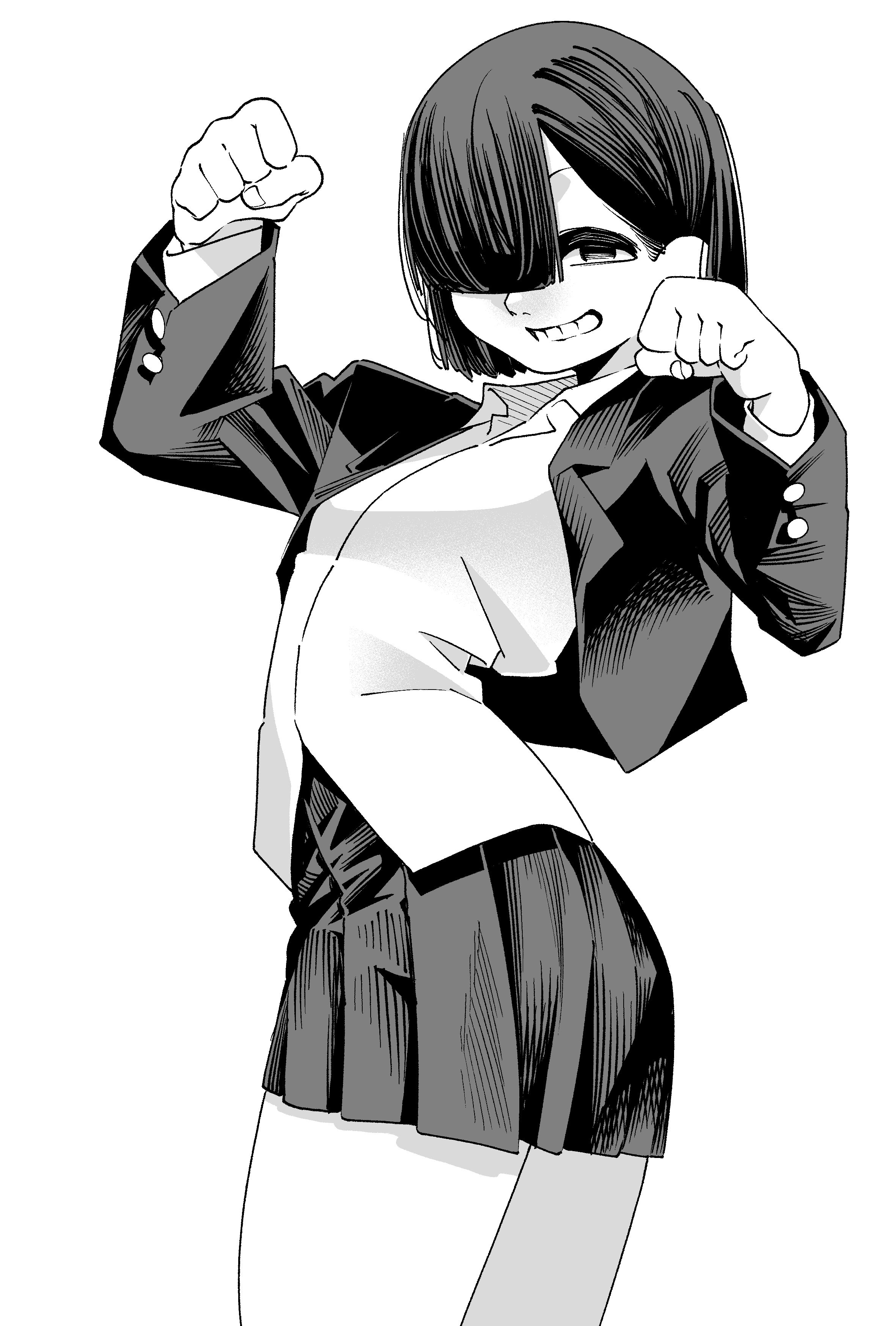 gavucchi, original, absurdres, highres, 1girl, black hair, cowboy shot, greyscale, hands up, jacket, long sleeves, looking at viewer, monochrome, pleated skirt, school uniform, shirt, short hair, skirt, smile, solo, teeth, white background