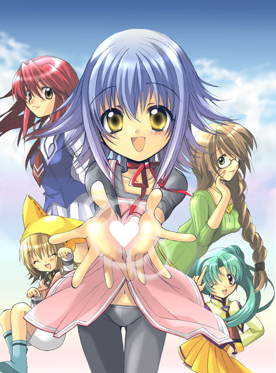 agatsuma mizuki, mone, neneko, senjou kuyou, senjou nanase, yumeria, 00s, 5girls, animal hat, aqua hair, bike shorts, blue hair, brown hair, glasses, hat, heart, multiple girls, navel, one eye closed, red hair, spandex, wink, yellow eyes