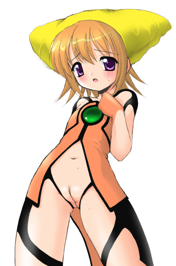 hormone koijirou, neneko, yumeria, bad id, 00s, 1girl, animal ears, animal hat, blush, brooch, crotchless, embarrassed, female focus, flat chest, gloves, hat, jewelry, loli, magical girl, navel, no panties, open mouth, orange hair, purple eyes, pussy, short hair, simple background, solo, standing, sweat, uncensored, white background