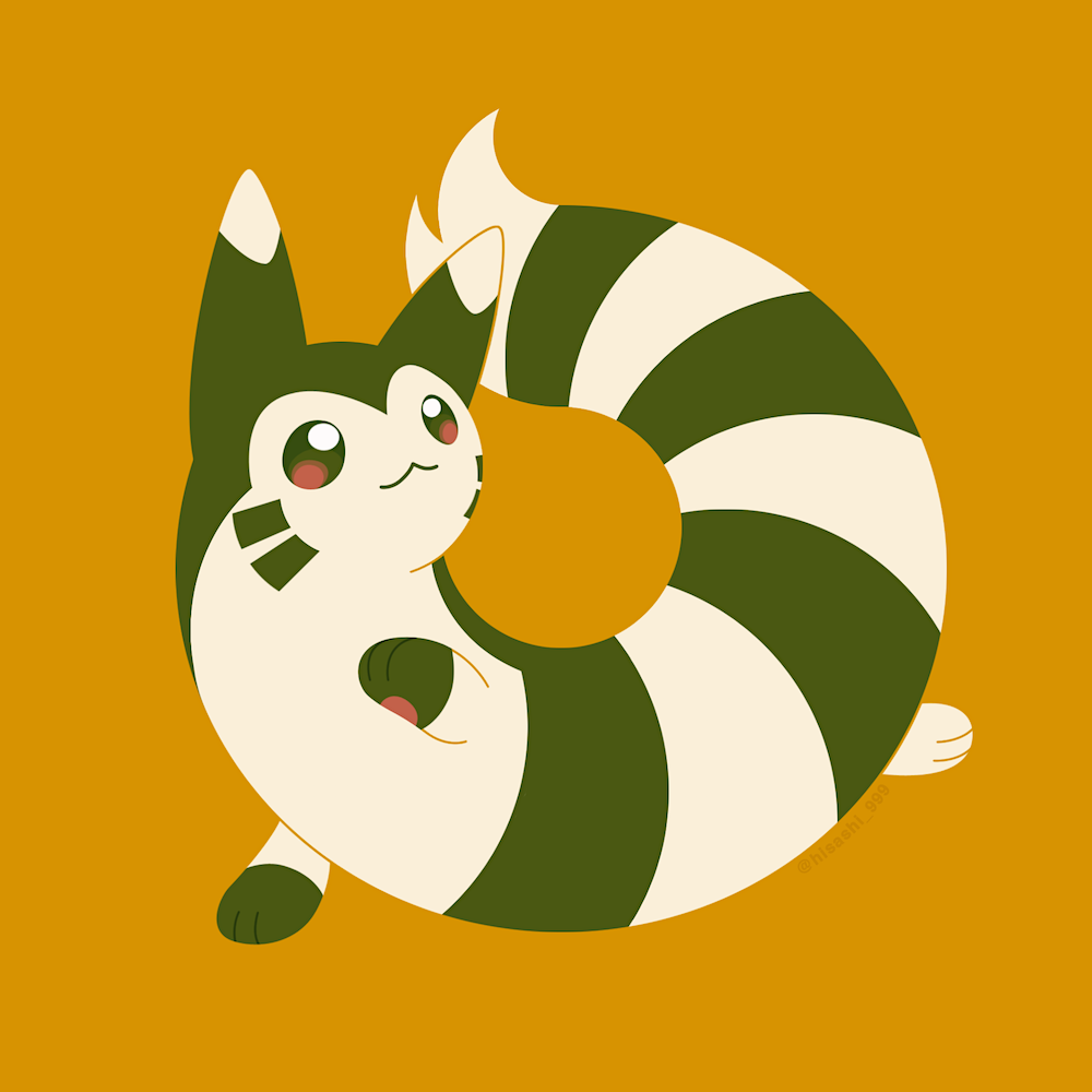 hisashi999, furret, nintendo, pokemon, :<, animal focus, bright pupils, closed mouth, full body, gen 2 pokemon, no humans, no lineart, pokemon (creature), simple background, solo, twitter username, white pupils, yellow background