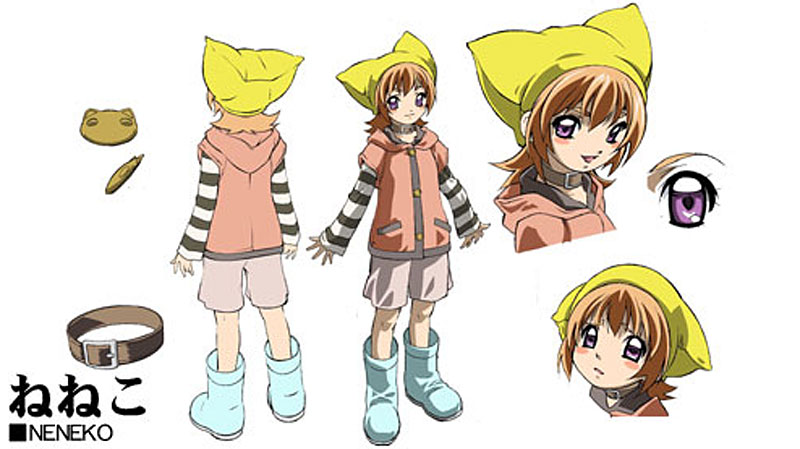 neneko, yumeria, official art, 00s, 1girl, animal hat, blush, boots, collar, hat, orange hair, purple eyes, reference sheet, rubber boots, shorts