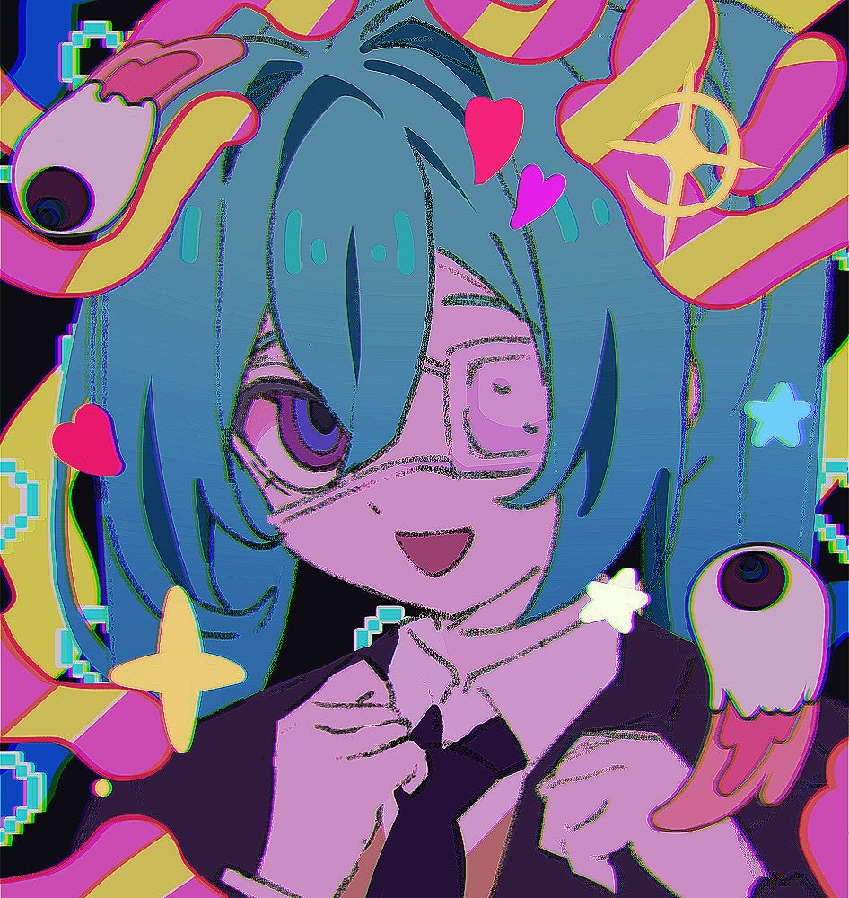 d omm, hatsune miku, monitoring (vocaloid), vocaloid, commentary, symbol-only commentary, 1girl, aqua hair, black jacket, collared shirt, eyeball, eyepatch, hair between eyes, heart, heart-shaped pupils, jacket, long hair, long sleeves, looking at viewer, medical eyepatch, necktie, open mouth, shirt, smile, solo, symbol-shaped pupils, tie clip, twintails, white shirt