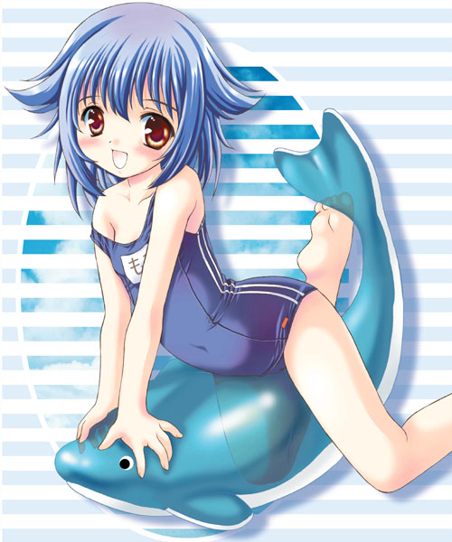 mizushiro takuya, mone, yumeria, 00s, 1girl, barefoot, blue hair, blush, brown eyes, feet, female focus, flat chest, inflatable dolphin, inflatable toy, name tag, one-piece swimsuit, school swimsuit, short hair, solo, straddling, strap slip, swimsuit