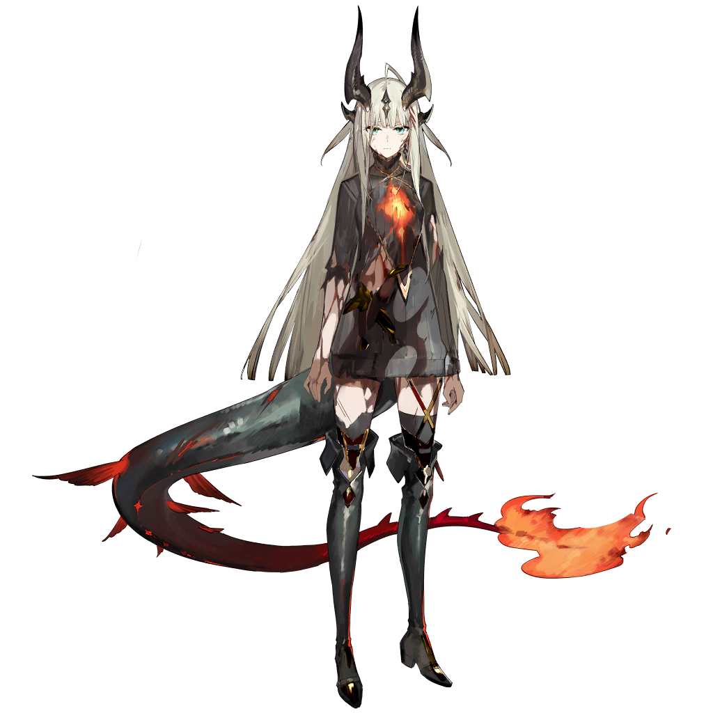 starshadowmagician, reed (arknights), arknights, official art, 1girl, ahoge, black boots, black cloak, bleeding, blood, blood on clothes, blood on face, blue eyes, blunt bangs, boots, cloak, closed mouth, dragon horns, dragon tail, fire, flame-tipped tail, horns, injury, light in heart, long hair, long sleeves, messy hair, sweater, tachi-e, tail, torn clothes, transparent background