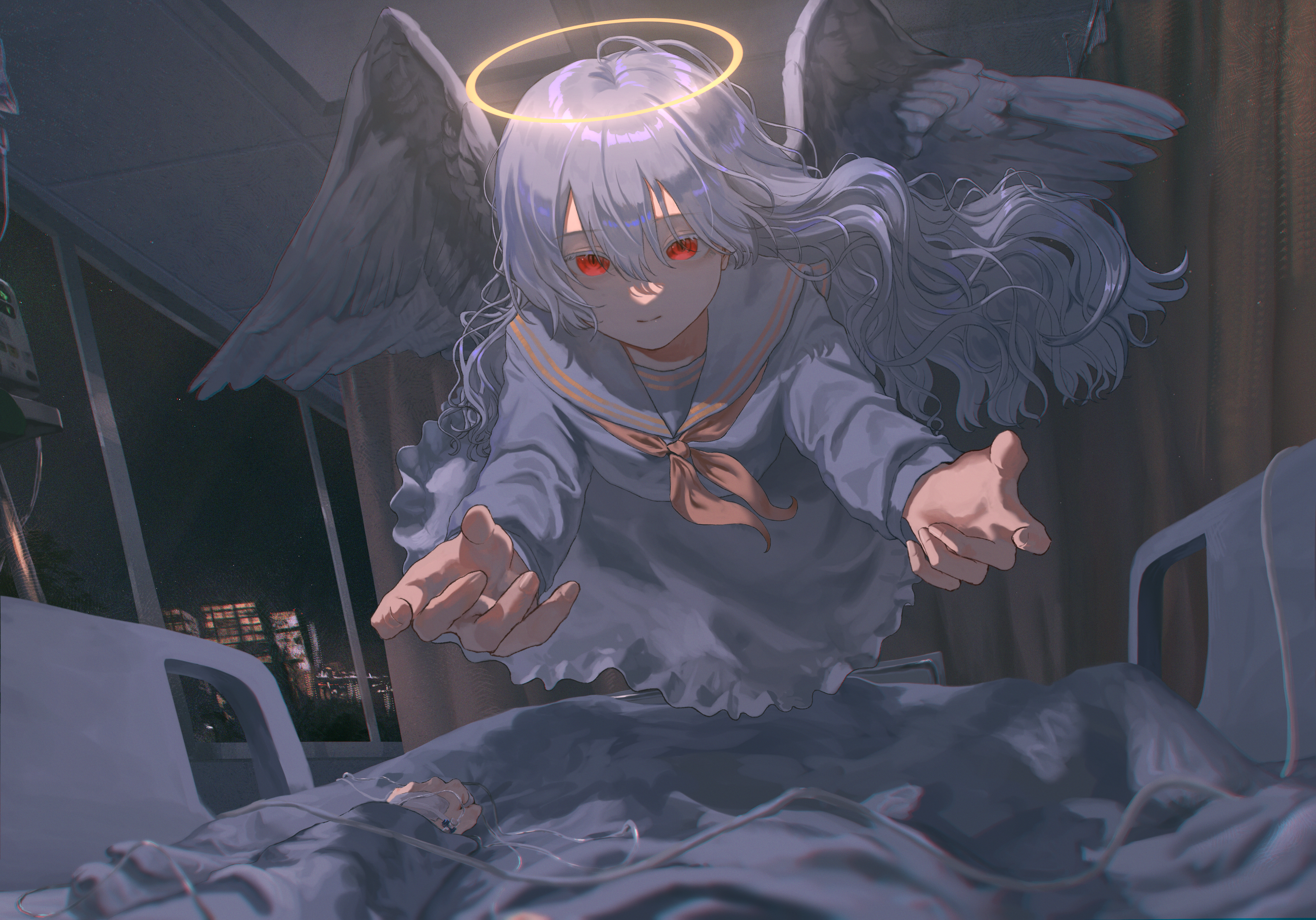 kyano (kyanora3141), original, absurdres, commentary request, highres, 1girl, 1other, angel, bed, ceiling, closed mouth, feathered wings, floating hair, flying, glowing, glowing halo, grey hair, grey serafuku, grey skirt, grey wings, hair between eyes, halo, hospital, hospital bed, implied death, indoors, intravenous drip, light smile, long bangs, long hair, long sleeves, looking at viewer, neckerchief, night, out of frame, outstretched arms, pov, reaching, reaching towards viewer, red neckerchief, school uniform, serafuku, skirt, solo focus, tile ceiling, tiles, traditional halo, wavy hair, window, wings