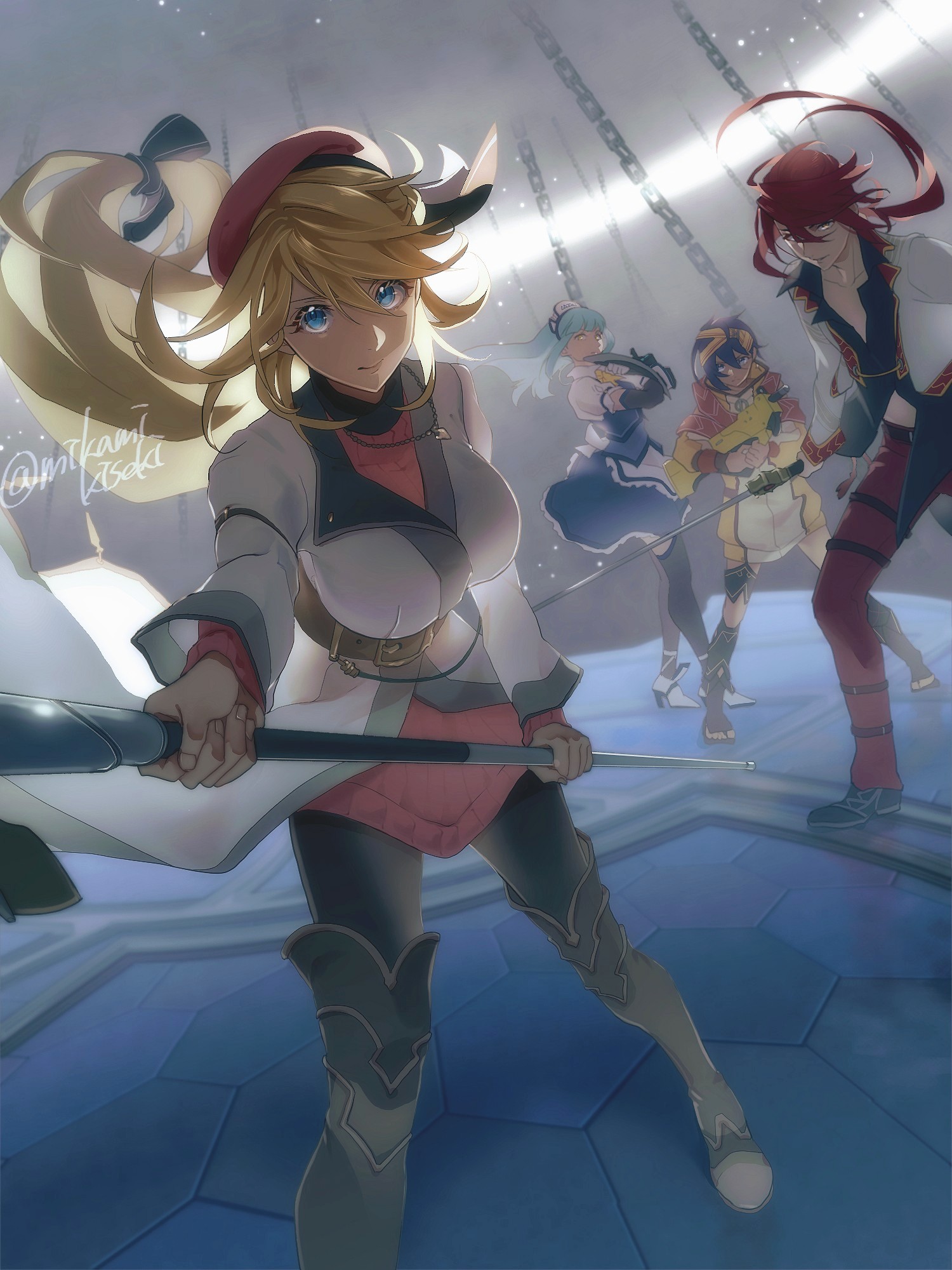 mikamikiseki, aaron wei, agnes claudel, feri al-fayed, risette twinings, eiyuu densetsu, kai no kiseki, kuro no kiseki (series), highres, 1boy, 3girls, ahoge, apron, assault rifle, beret, blonde hair, blue eyes, blue hair, blunt bangs, boots, breasts, bullpup, clothes lift, double-parted bangs, dress, dress lift, dual wielding, floating hair, gun, hair between eyes, handgun, hat, headband, high heels, holding, holding gun, holding knife, holding staff, holding sword, holding weapon, indoors, knife, large breasts, long hair, mage staff, maid apron, maid headdress, multiple girls, parted bangs, ponytail, red hair, red hat, ribbed sweater, rifle, scarf, shoes, short hair, sneakers, staff, sweater, sword, twitter username, weapon, yellow headband