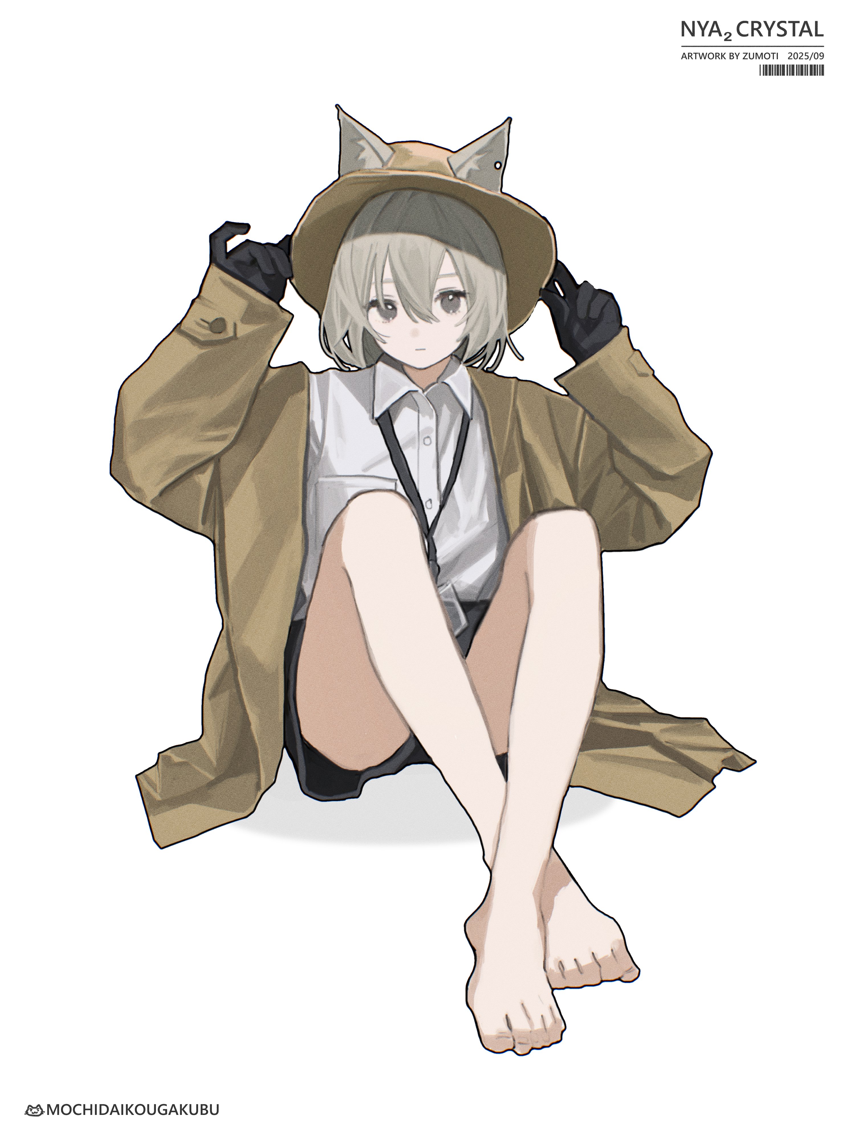 zumochi, original, absurdres, commentary, highres, symbol-only commentary, 1girl, animal ears, artist name, barcode, barefoot, black shorts, brown coat, brown hat, closed mouth, coat, collared shirt, ears through headwear, hair between eyes, hands on headwear, hat, id card, long sleeves, looking at viewer, open clothes, shirt, short hair, shorts, simple background, sitting, solo, white background, white shirt