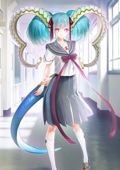 yamanaka kotetsu, larva tiamat (fate), tiamat (fate), fate/grand order, fate (series), game cg, official art, third-party source, 1girl, aqua hair, arms behind back, bow, bowtie, breasts, bright pupils, chaldea logo, closed mouth, colored eyelashes, contrapposto, curled horns, dragon girl, dragon tail, fanged bangs, grey sailor collar, grey skirt, horn ornament, horn ribbon, horns, indoors, kneehighs, large horns, larva tiamat (swimsuit archer) (second ascension) (fate), long ribbon, looking at viewer, medium hair, medium skirt, pink eyes, pleated skirt, pointy ears, red bow, red bowtie, ribbon, sailor collar, school, school uniform, serafuku, shirt, short sleeves, skirt, smile, socks, solo, symbol-shaped pupils, tail, twintails, white pupils, white shirt, white socks, x-shaped pupils