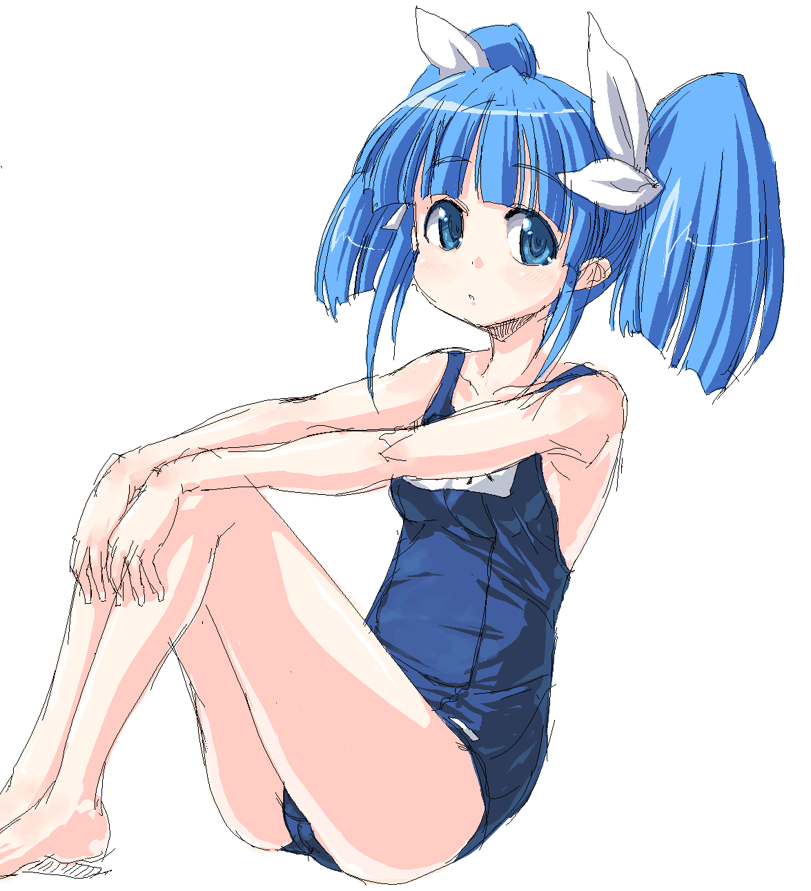 onija tarou, suzuki sayaka, pani poni dash!, highres, 00s, 1girl, armpits, barefoot, blue eyes, blue hair, blue one-piece swimsuit, blush, cameltoe, female focus, flat chest, hair ribbon, leg hold, matching hair/eyes, name tag, oekaki, one-piece swimsuit, ribbon, school swimsuit, short hair, short twintails, simple background, sitting, sketch, solo, swimsuit, twintails, white background
