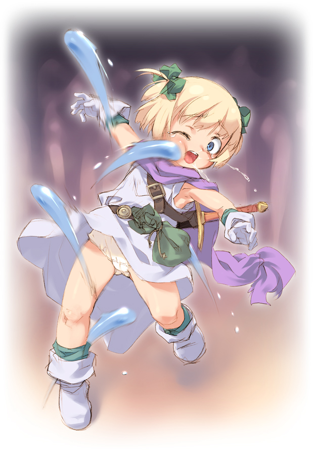 hanainu (orange bullet), hero's daughter (dq5), slime (dragon quest), dragon quest, dragon quest v, 1girl, blonde hair, blue eyes, female focus, gloves, loli, panties, pantyshot, slime (creature), solo, underwear, white panties
