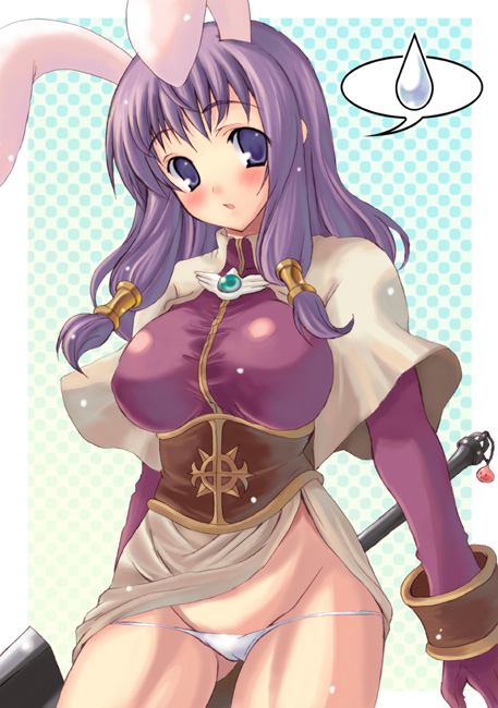 kyogoku shin, acolyte (ragnarok online), ragnarok online, 1girl, animal ears, breasts, cameltoe, clothes lift, dress, dress lift, female focus, groin, large breasts, lowleg, lowleg panties, mace, panties, rabbit ears, solo, standing, underwear, weapon, white panties