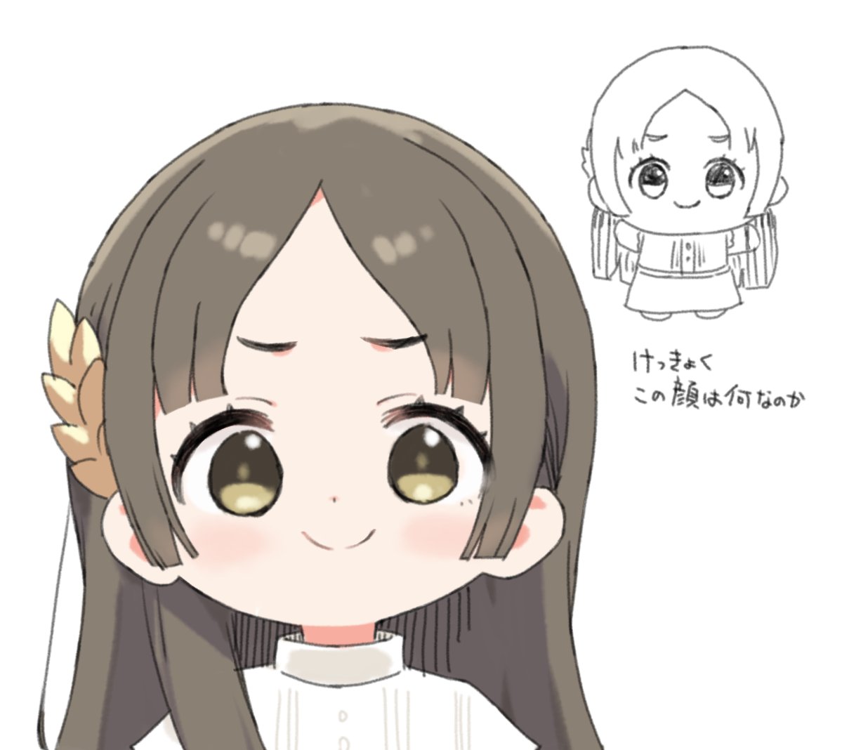 moru (monaka), kuramoto china, gakuen idolmaster, idolmaster, 2girls, :3, blunt bangs, blush, brown eyes, brown hair, chibi, closed mouth, long hair, looking at viewer, multiple girls, parted bangs, simple background, smile, white background