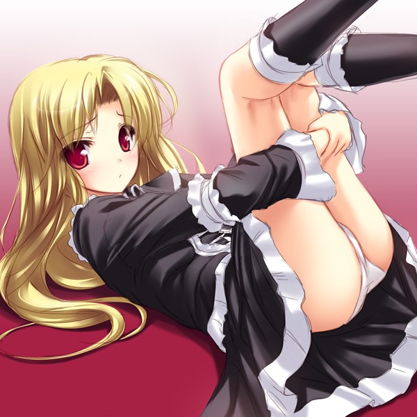 tenmaso, original, 1girl, ass, black dress, blonde hair, blush, dress, female focus, frills, hugging own legs, kneehighs, knees together feet apart, leg hold, legs together, long hair, panties, red eyes, socks, solo, underwear, upskirt, white panties