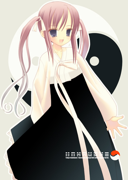 kurasawa kyoushou, original, 1girl, :d, black skirt, blush, english text, female focus, hair ribbon, hanbok, korean clothes, long sleeves, looking at viewer, open mouth, purple background, purple eyes, ribbon, sidelocks, simple background, skirt, smile, solo, standing, twintails, white ribbon, yin yang