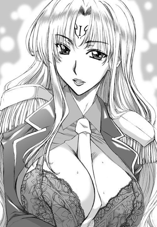hanzaki jirou, sephiria arks, black cat (series), 00s, 1girl, bra, breasts, female focus, greyscale, huge breasts, lingerie, monochrome, solo, underwear