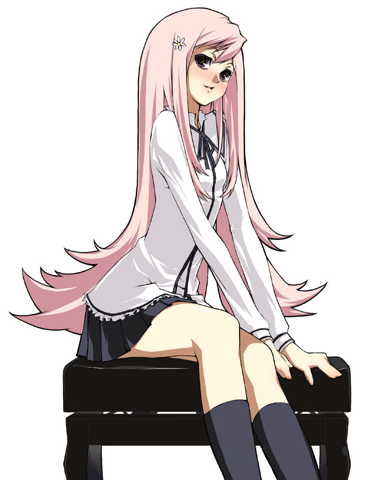 iqu, lucy maria misora, to heart (series), to heart 2, black legwear, 00s, 1girl, arm support, bad anatomy, bad proportions, bench, blush, female focus, hair ornament, hairclip, head tilt, legs, long hair, miniskirt, neck ribbon, pink hair, pleated skirt, poorly drawn, ribbon, school uniform, simple background, sitting, skirt, smile, solo, very long hair