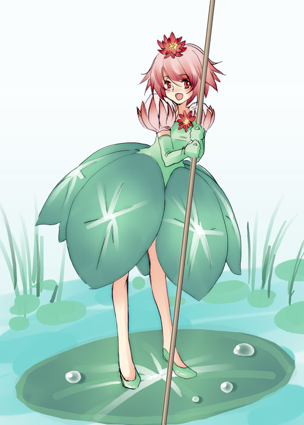 torazou, original, 1girl, dress, elbow gloves, fantasy, female focus, flower, gloves, green dress, green gloves, green shoes, hair flower, hair ornament, lily pad, monster girl, open mouth, pink hair, plant girl, puffy sleeves, red eyes, shoes, short hair, smile, solo, staff, water, wearing plant