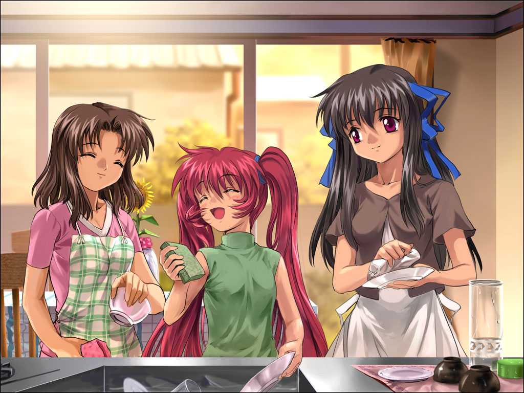 mutsuki (moonknives), michiru (air), toono minagi, air (visual novel), key (company), washing, 00s, 3girls, apron, blouse, brown hair, cup, dishes, flower, hair ribbon, happy, height difference, indoors, kitchen, long hair, looking at another, multiple girls, plate, red eyes, red hair, ribbon, shirt, short hair, short sleeves, sink, sleeveless, sleeveless turtleneck, slice of life, smile, sponge, sunflower, turtleneck, twintails, very long hair, wet, window