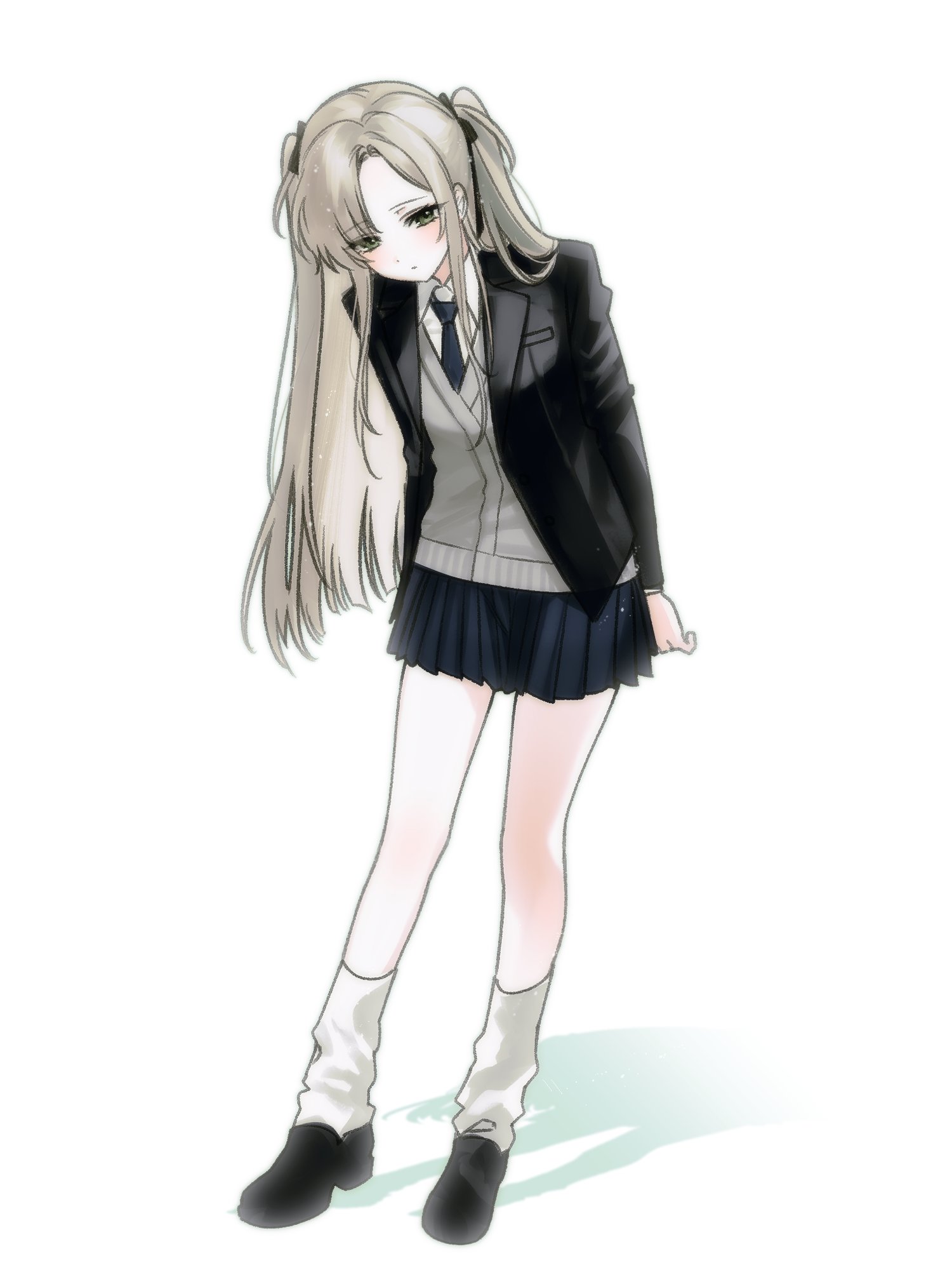 original, highres, 1girl, blush, full body, green eyes, jacket, loafers, long hair, long sleeves, looking at viewer, necktie, pleated skirt, shirt, shoes, skirt, so seo, socks, solo, standing, twintails, white background, white shirt