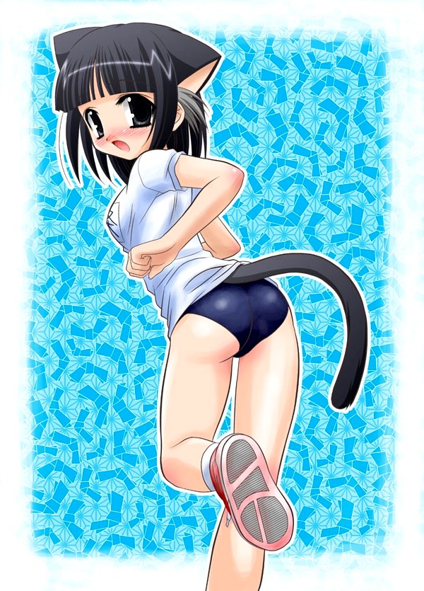 sata (sat), original, 1girl, animal ears, ass, black eyes, black hair, blush, buruma, cat ears, cat tail, female focus, from behind, gym uniform, looking at viewer, looking back, open mouth, solo, tail, thighs