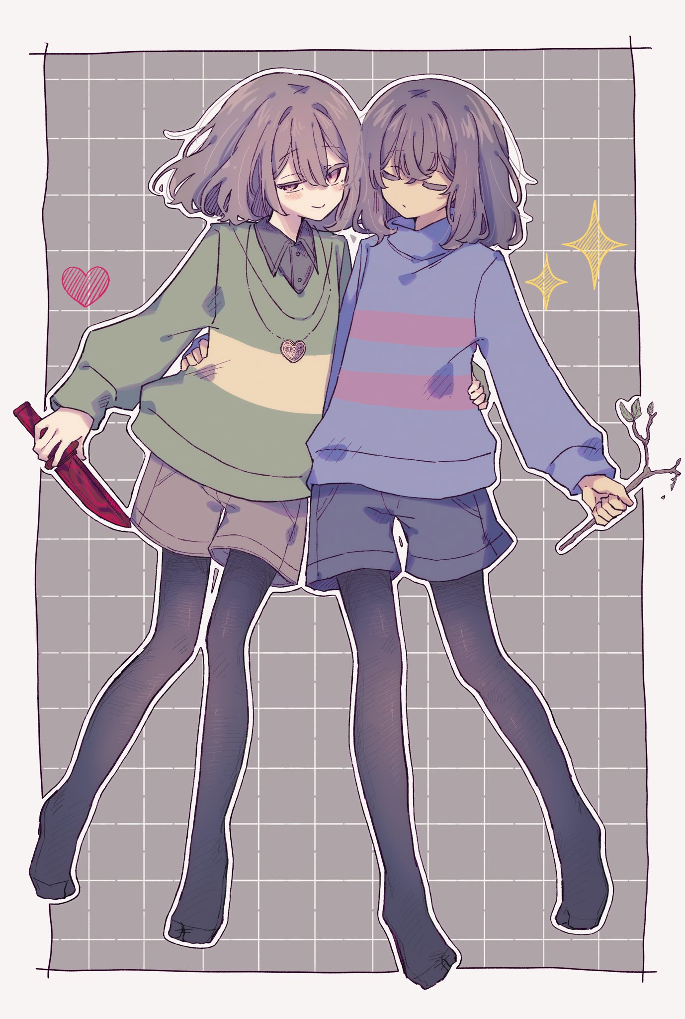 chara (undertale), frisk (undertale), undertale, utdr (toby fox), highres, 2others, androgynous, black pantyhose, blue shorts, blue sweater, brown eyes, brown hair, brown shorts, checkered background, closed eyes, closed mouth, green sweater, hand on another's waist, heart, heart necklace, holding, holding knife, holding stick, jewelry, knife, light smile, multiple others, necklace, no shoes, okura 0915, pantyhose, shorts, simple background, sparkle, stick, striped clothes, striped sweater, sweater, two-tone sweater