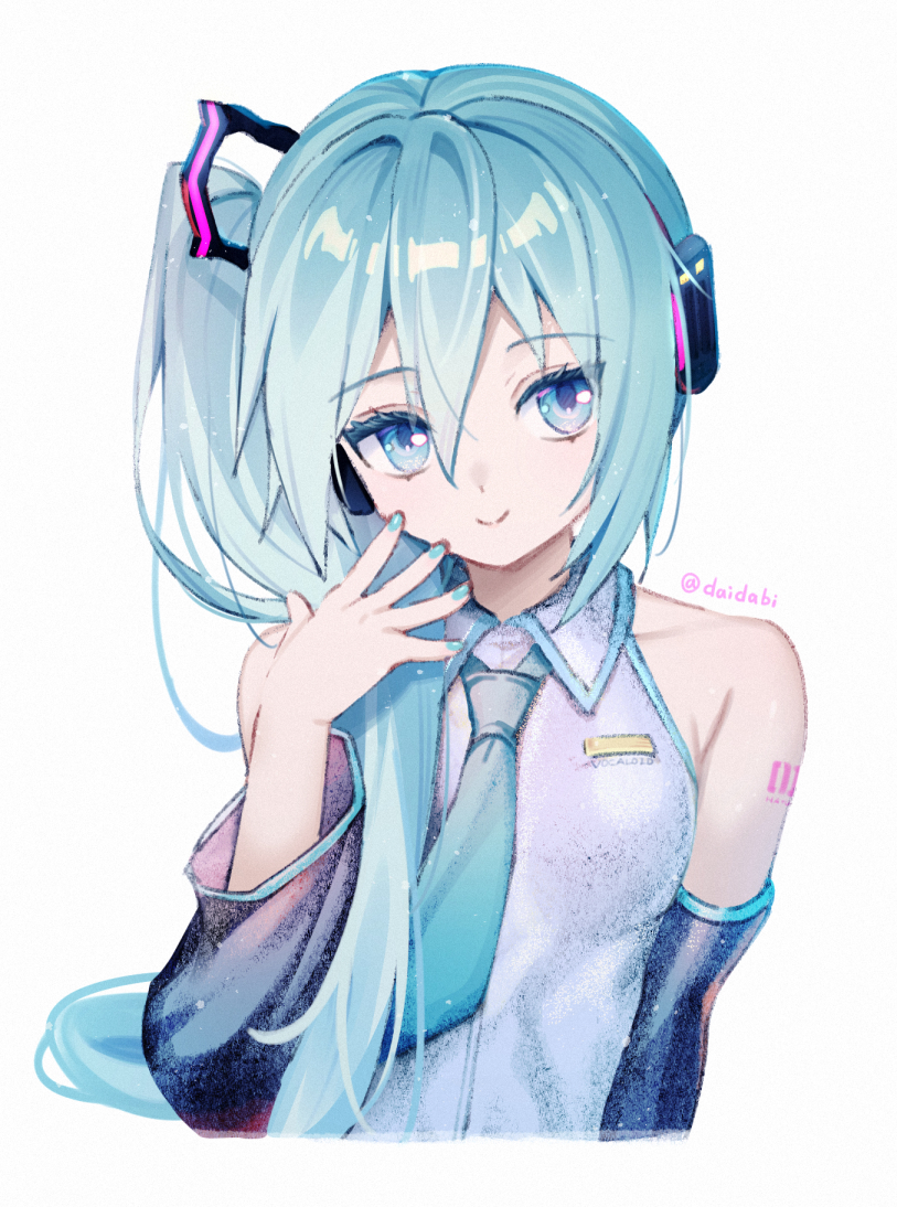 d omm, hatsune miku, hatsune miku (noodle stopper), vocaloid, 1girl, alternate hairstyle, aqua eyes, aqua hair, aqua nails, aqua necktie, aqua trim, bare shoulders, black sleeves, blue eyes, blue hair, blue nails, blue necktie, blue trim, closed mouth, collared shirt, detached sleeves, grey shirt, hair between eyes, hair ornament, hand up, headphones, high side ponytail, long hair, looking at viewer, meme, nail polish, necktie, shirt, side ponytail, sidetail miku noodle stopper (meme), simple background, sleeveless, sleeveless shirt, smile, solo, upper body, very long hair, white background