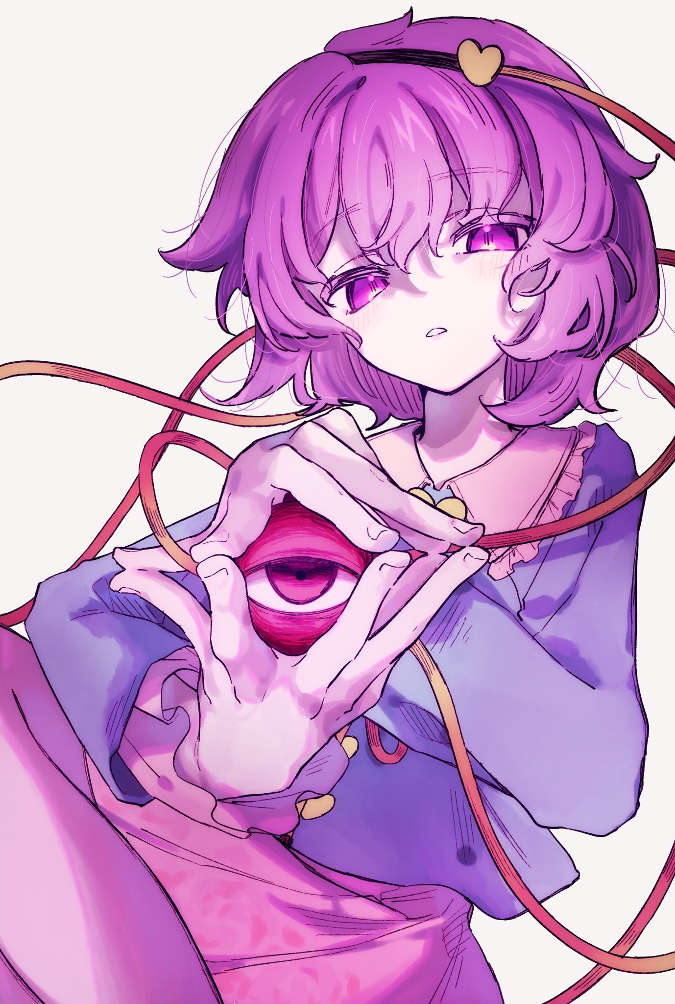 komeiji satori, touhou, highres, 1girl, black hairband, blouse, blue shirt, buttons, eyeball, frilled shirt collar, frilled sleeves, frills, hair ornament, hairband, heart, heart button, heart hair ornament, looking at viewer, okura 0915, parted lips, pink eyes, pink hair, pink skirt, shirt, simple background, skirt, solo, third eye, white background