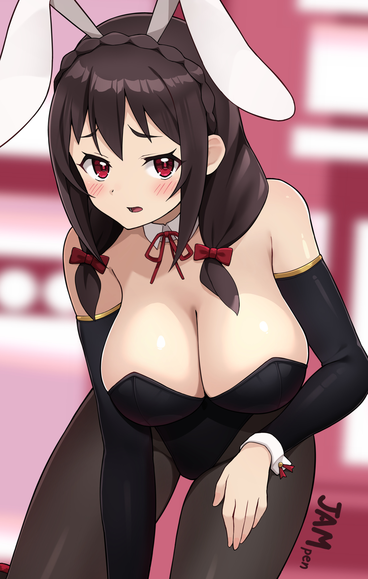 jampen, yunyun (konosuba), kono subarashii sekai ni shukufuku wo!, commentary request, highres, 1girl, animal ears, bare shoulders, black leotard, blush, bow, braid, breasts, brown hair, brown pantyhose, cleavage, crown braid, detached collar, detached sleeves, fake animal ears, hair bow, large breasts, leaning forward, leotard, looking at viewer, low twintails, medium hair, neck ribbon, open mouth, pantyhose, playboy bunny, rabbit ears, red eyes, ribbon, solo, thighs, twintails, wrist cuffs