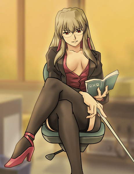 fujino shizuru, my-hime, 00s, 1girl, black thighhighs, book, breasts, breasts apart, brown hair, chair, cleavage, crossed legs, female focus, formal clothes, glasses, high heels, holding, holding book, jacket, long hair, long sleeves, looking at viewer, medium breasts, no bra, pencil skirt, pointer, red eyes, shoes, sitting, skirt, skirt suit, solo, suit, teacher, thighhighs