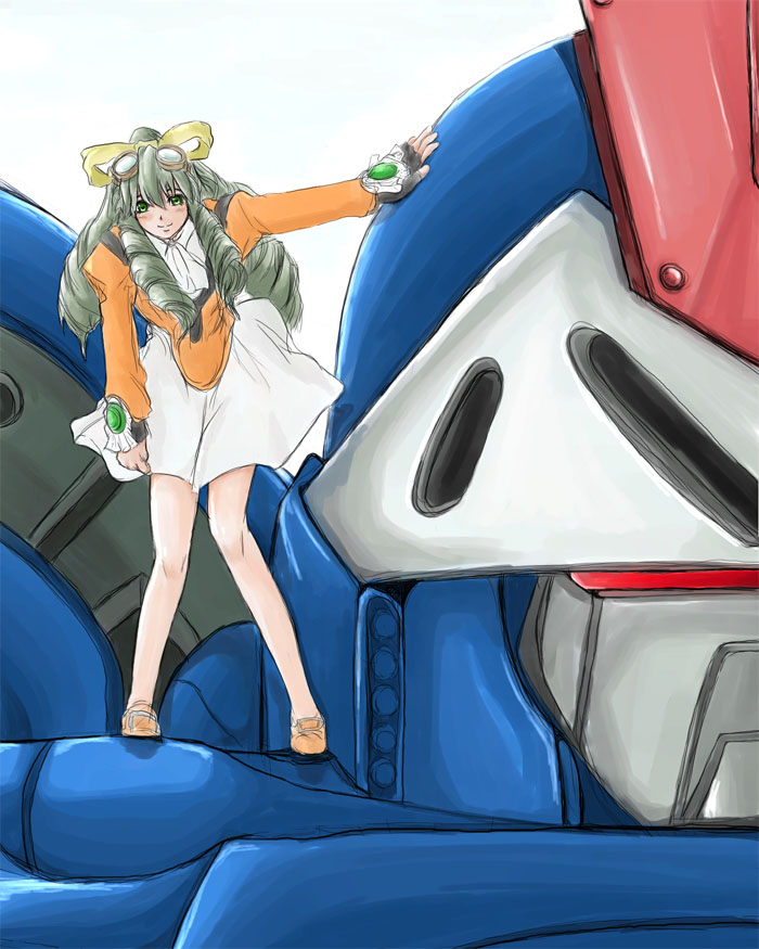 houri shinji, maria balthasar, seibzehn, xenogears, 1girl, aged up, blush, bow, dress, drill hair, female focus, fingerless gloves, gloves, goggles, green eyes, grey hair, hair ribbon, leaning forward, legs, long hair, mecha, no legwear, ribbon, robot, shoes, siebzehn, smile, solo, yellow bow