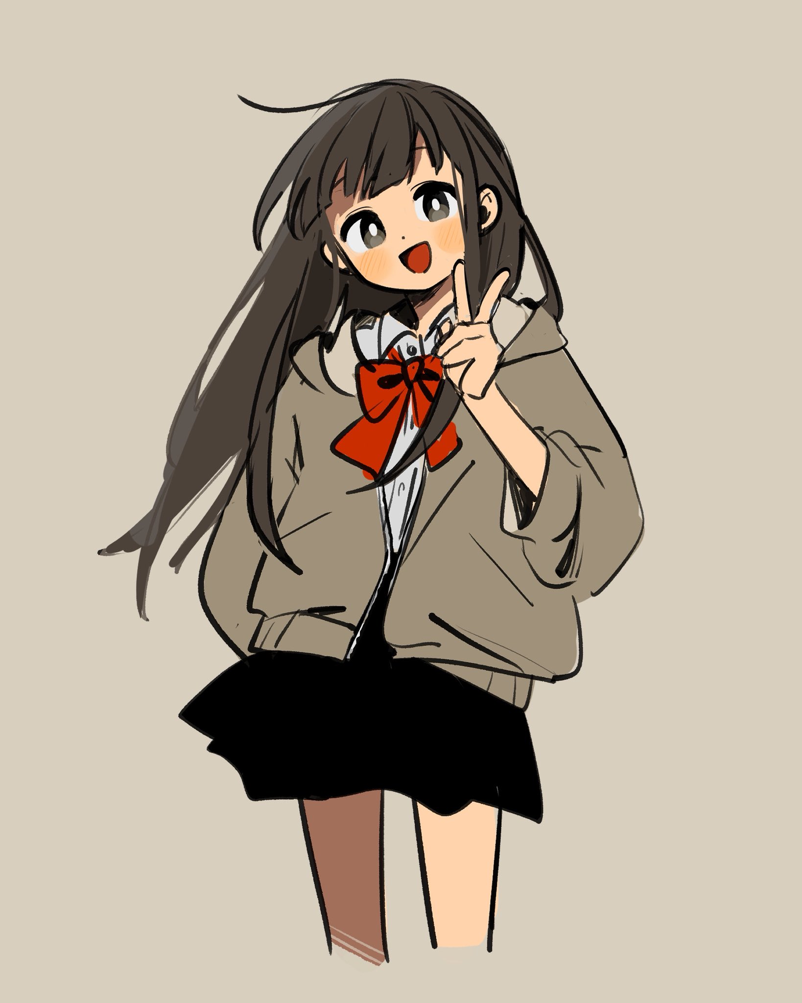 harumaru sk, original, highres, 1girl, :d, black eyes, black hair, black skirt, blush, bow, collared shirt, jacket, long hair, long sleeves, looking at viewer, open mouth, red bow, shirt, simple background, skirt, smile, solo, v, w, white shirt